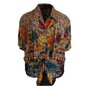 VTG 90s Carole Little Floral Crop Top Petite 8 Colorful USA Rayon Beaded Fringe